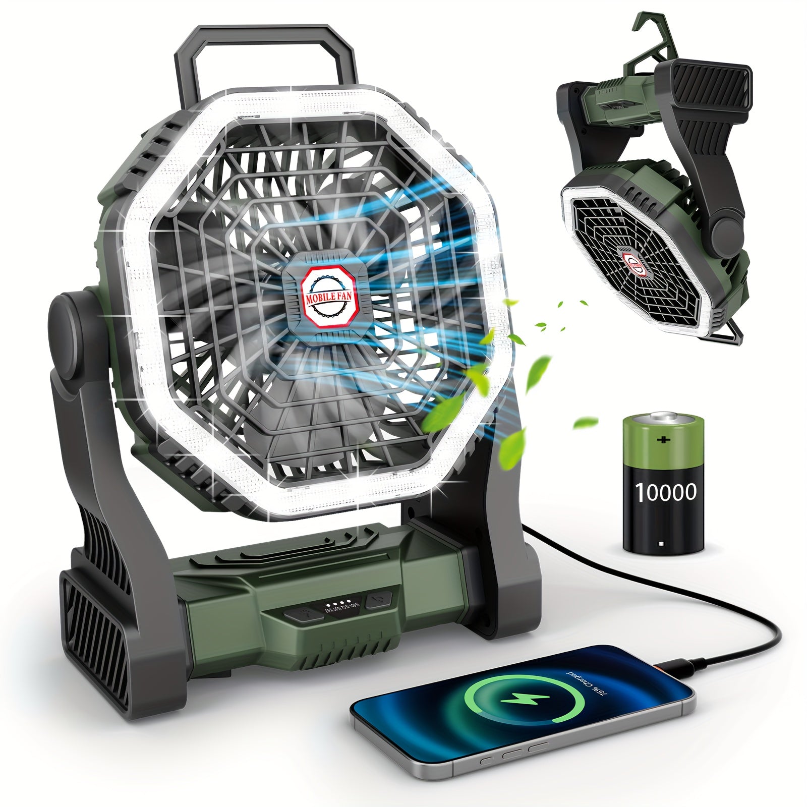 Camping Fan with LED Light Rechargeable USB Battery 4-Speed 3 Lighting Modes Hanging Rope Tent Outdoor Travel Indoor Portable