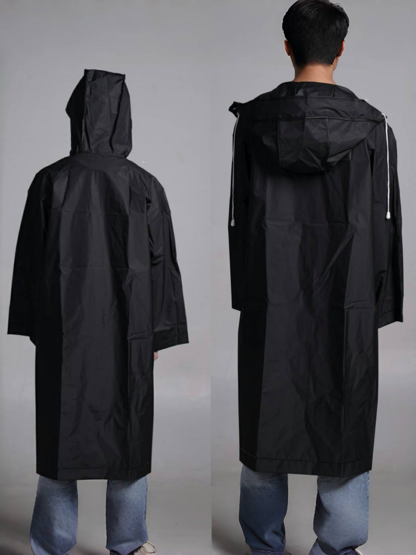 Men's Hooded Rain Jacket Waterproof Raincoat for Men Women - Lightweight Windproof Full-Length Poncho for Hiking Cycling Fishing Outdoor Activities - Adjustable Drawstring Loose Fit Black