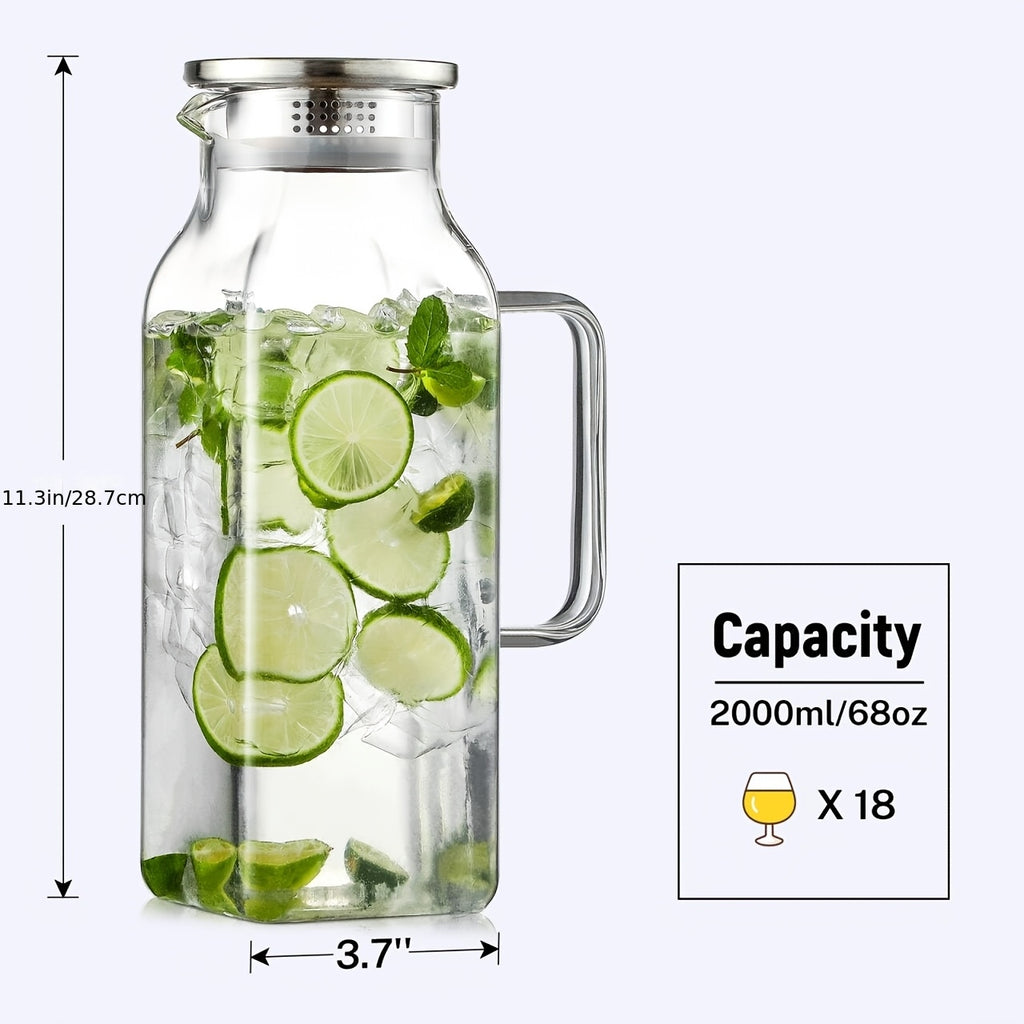Glass Pitcher with Lid 68oz 2 Pack Square Borosilicate Glass Water Pitcher with Handle Classic Stripes Carafe for Fridge Iced Tea Coffee Cold Hot Brew Large Jug