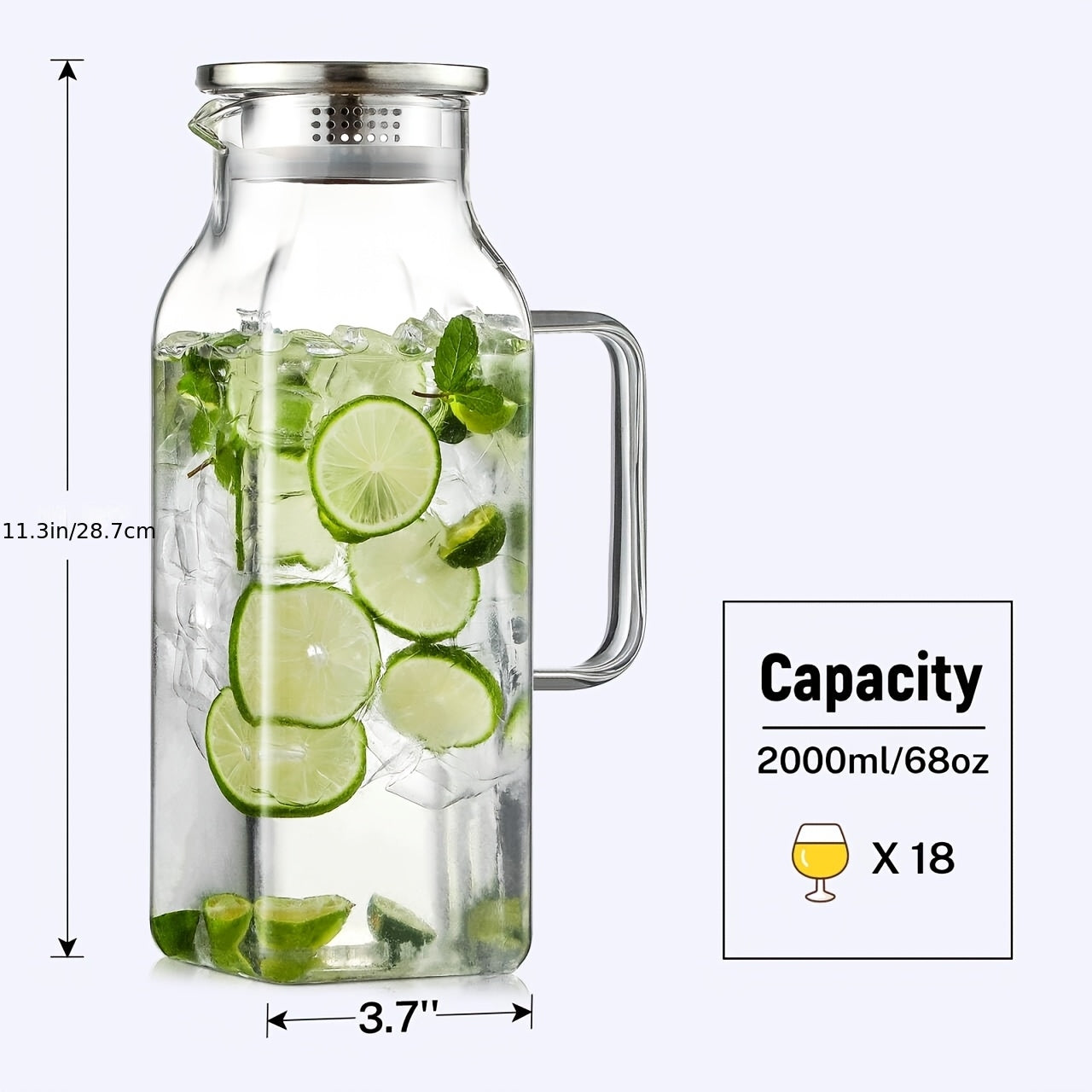 Glass Pitcher with Lid 68oz 2 Pack Square Borosilicate Glass Water Pitcher with Handle Classic Stripes Carafe for Fridge Iced Tea Coffee Cold Hot Brew Large Jug