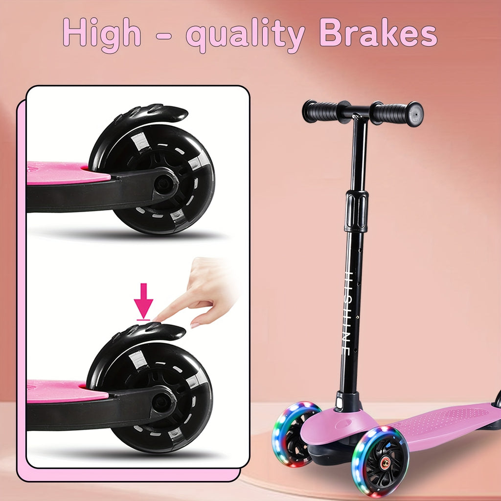 Kids 3-Wheel Scooter Ages 2-5 Adjustable Height Lean to Steer Light Up Wheels Front Brake Double Suspension Toddler Scooter Pink Blue Red Black