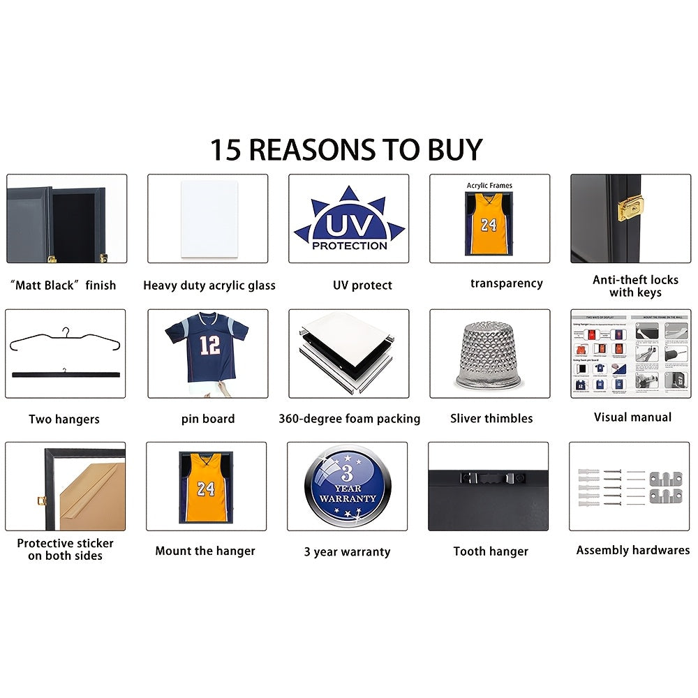 Jersey Display Frame Case Lockable Shadow Box UV Protection Matte Black – Baseball Basketball Football Soccer Hockey Sports Shirt Memorabilia