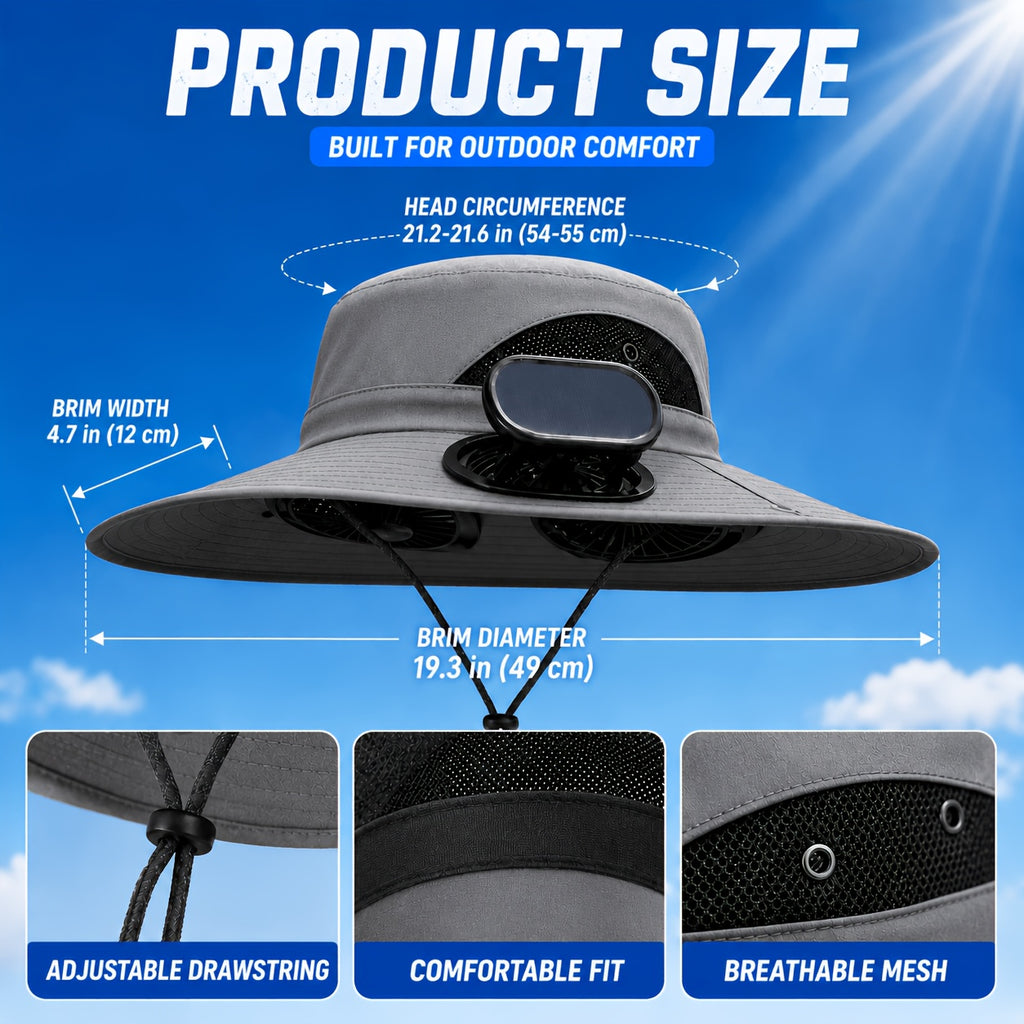 Solar Fan Hat Wide Brim Dual Cooling Fans Men Women Adjustable Airflow UV Protection Hiking Camping Gardening Travel Yard Work Grey Khaki Black Camo