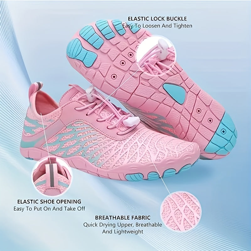 Women's Water Shoes Quick-Dry Aqua Sneakers – Lightweight Breathable Mesh Lace-Up Beach Wading Shoes, Rubber Sole, Striped, Black White Pink, US 6-11