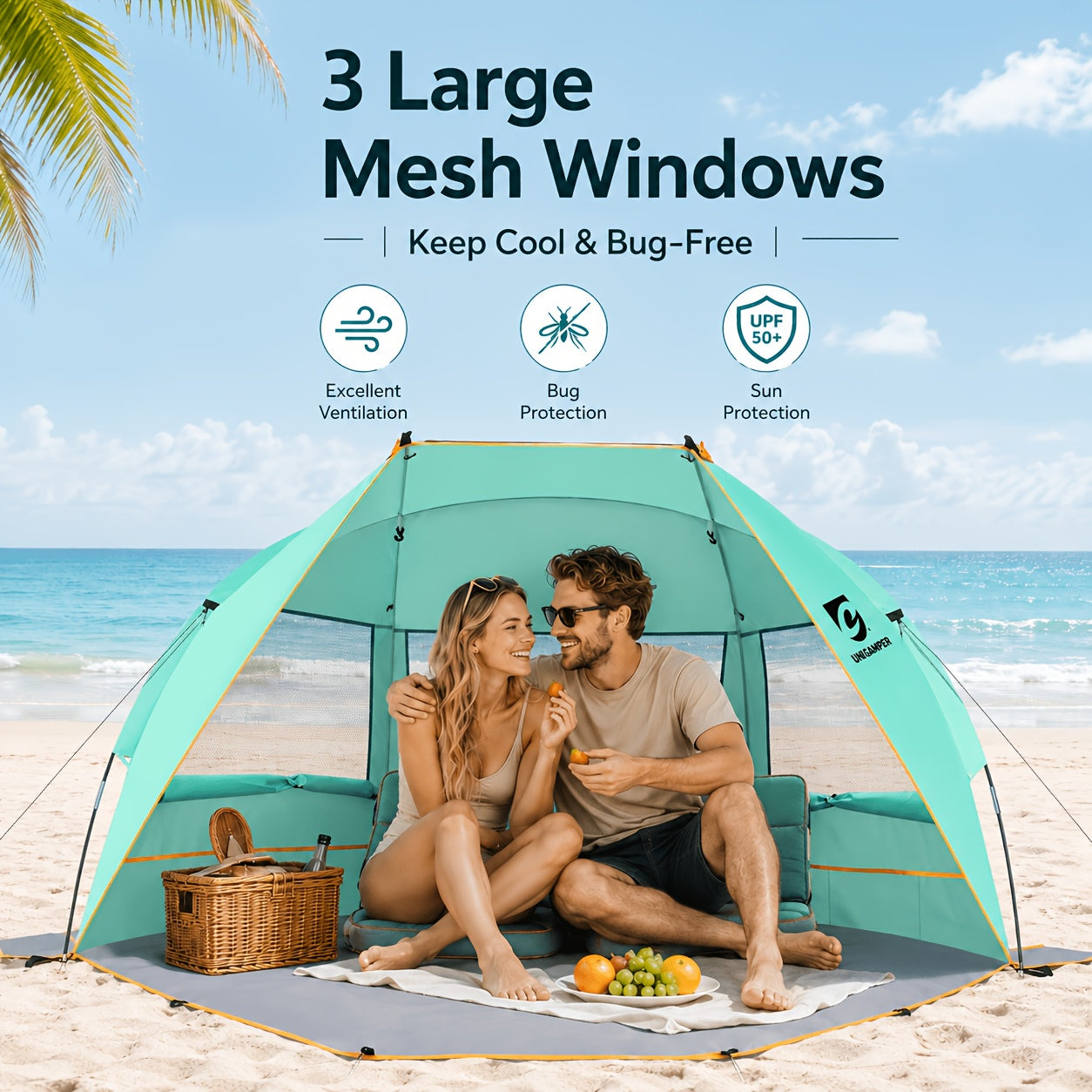 Beach Tent 3 Person UPF 50+ Sun Shelter with Waterproof PE Floor & Mesh Windows – Portable Pop Up Shade Canopy for Camping Fishing Yard