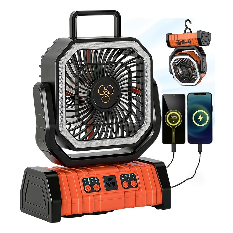 FX13 20000mAh Camping Fan with Built-in LED Light Rechargeable USB Portable Outdoor Fan with Tent Hook for Power Outage Construction Site Camping Gear Orange Upgraded
