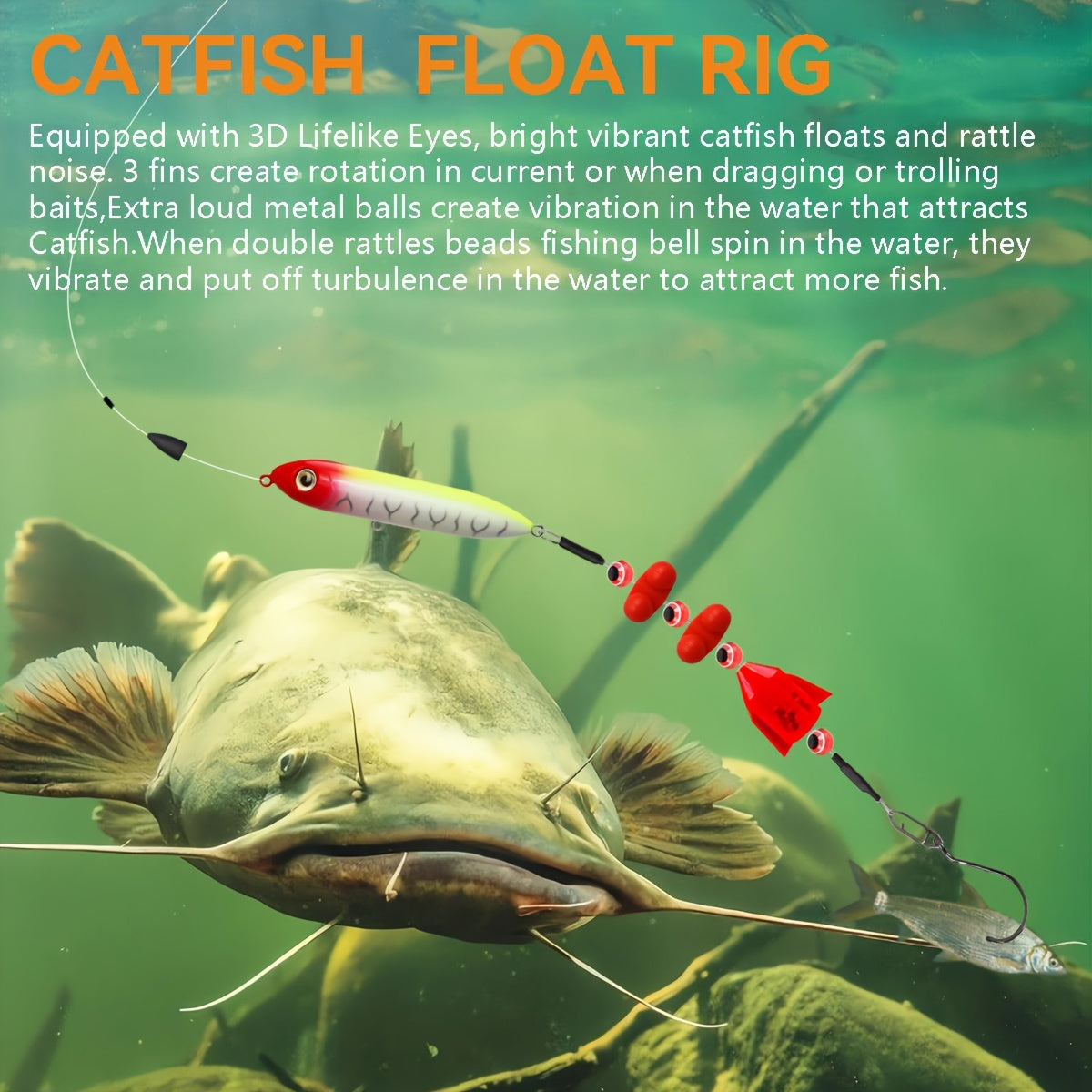 Santee Cooper Catfish Rig 3-Pack with Rattler Float – Pre-Assembled Chunky Catfishing Rigs, 3D Eyes, Steel Wire, Catfish Floats for Lake River Shore Bank Fishing