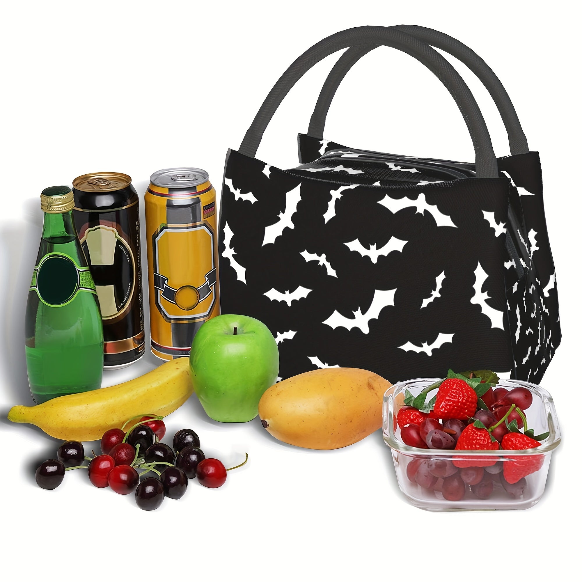 Bat Print Insulated Lunch Bag Cooler 11x6.5x7 In – Reusable Polyester Thermal Tote with Black Handles for Halloween School Office Camping Picnic Beach