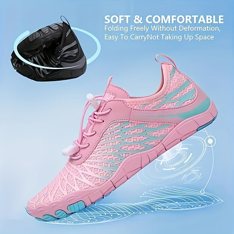 Women's Water Shoes Quick-Dry Aqua Sneakers – Lightweight Breathable Mesh Lace-Up Beach Wading Shoes, Rubber Sole, Striped, Black White Pink, US 6-11