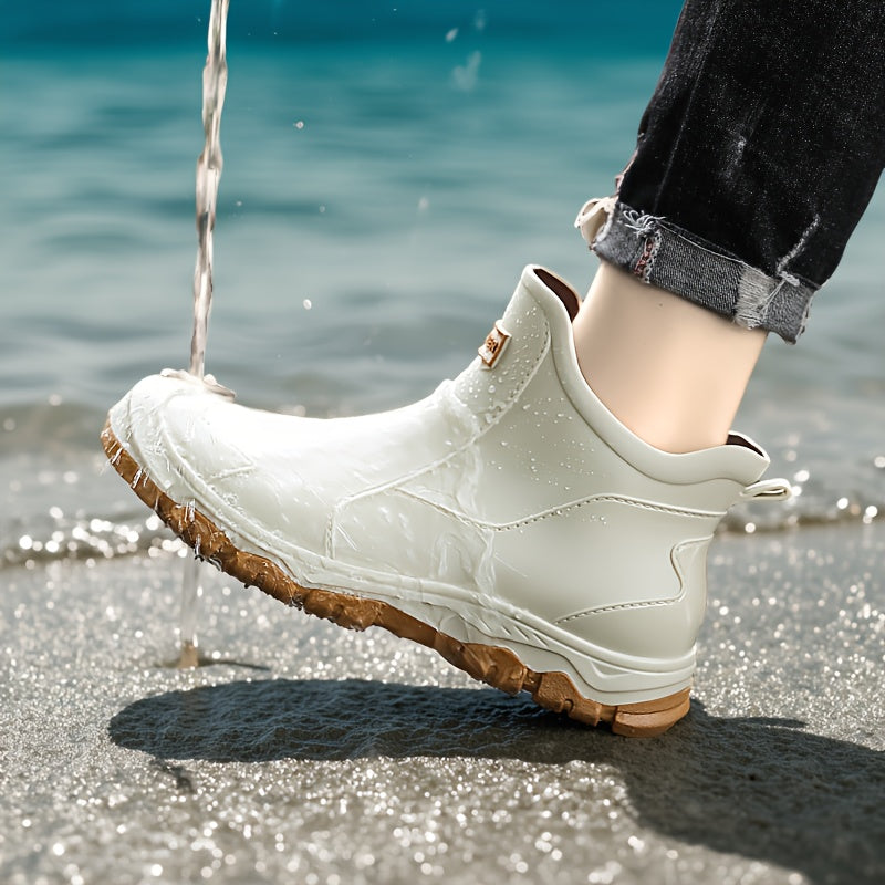 Non-Slip Rain Boots Short Ankle – Lightweight Waterproof Outdoor Boots, Cushioned Insole, Breathable Lining, Textured Sole for Car Wash, Hiking & Outdoor Activities | Unisex | Black, Beige | US 5.5–12