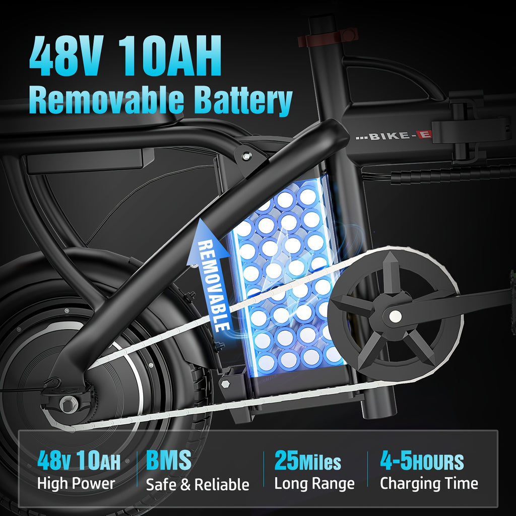 500W Folding Electric Bike for Adults 20MPH 25-Mile Range – Lightweight Commuter E-Bike with 48V 10AH Removable Battery, Disc Brakes, 385 LB Capacity, Multi-Shock Absorption