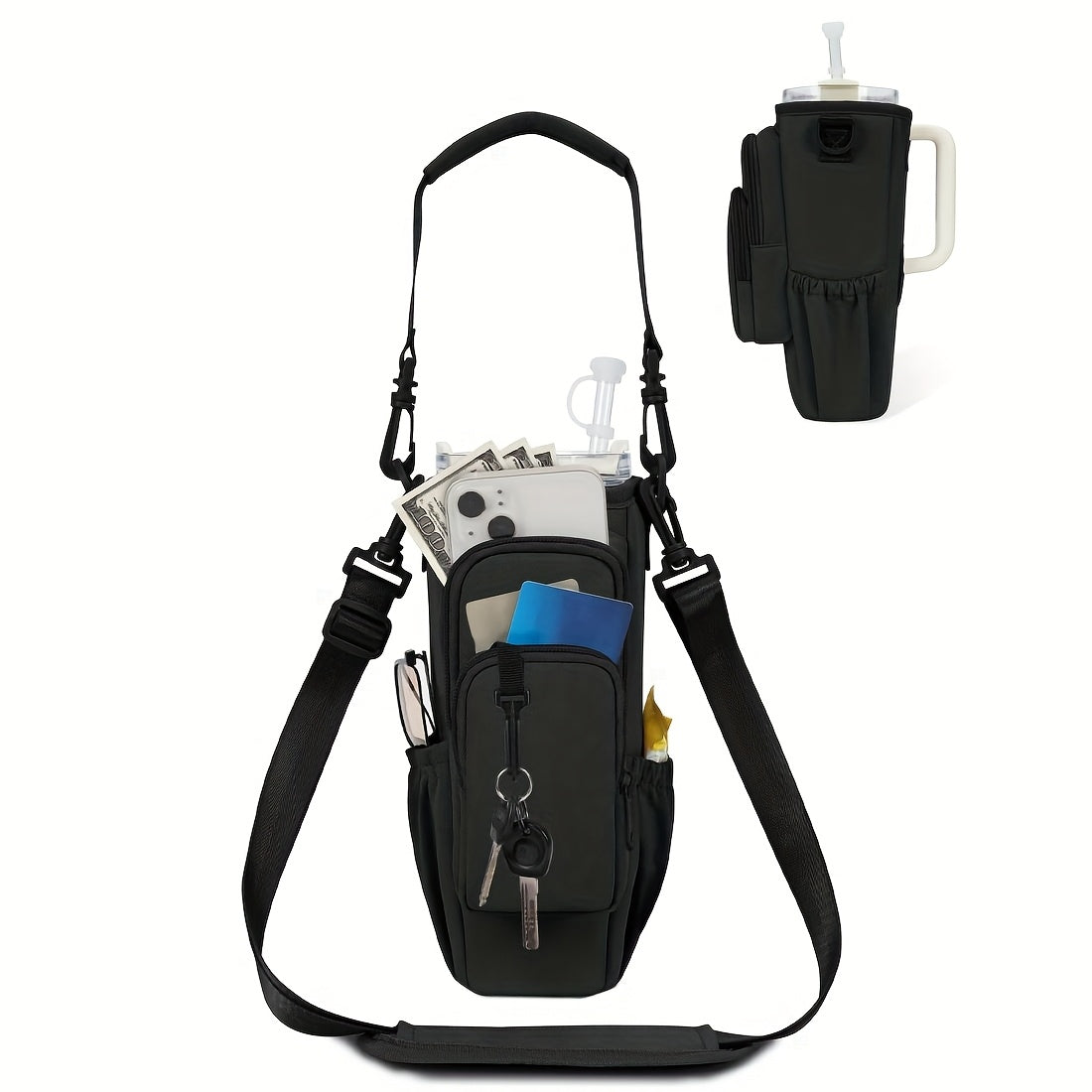 40oz Insulated Water Bottle Carrier Sling Bag with Phone Pocket – Hands-Free Adjustable Strap for Dog Walking Gym Travel Outdoor Men Women