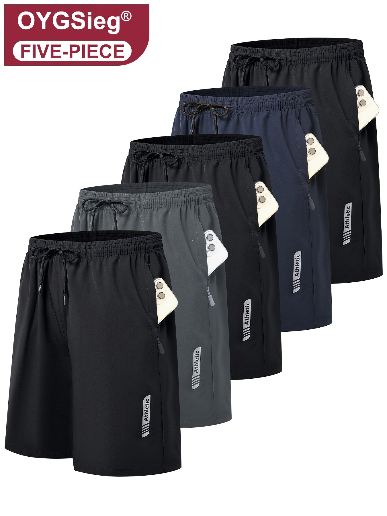 Men's Sports Gym Shorts 5-Pack Quick Dry Lightweight Basketball Running Woven Fabric Stretch Waistband Side Zip Pocket S M L XL XXL Mixed Colors