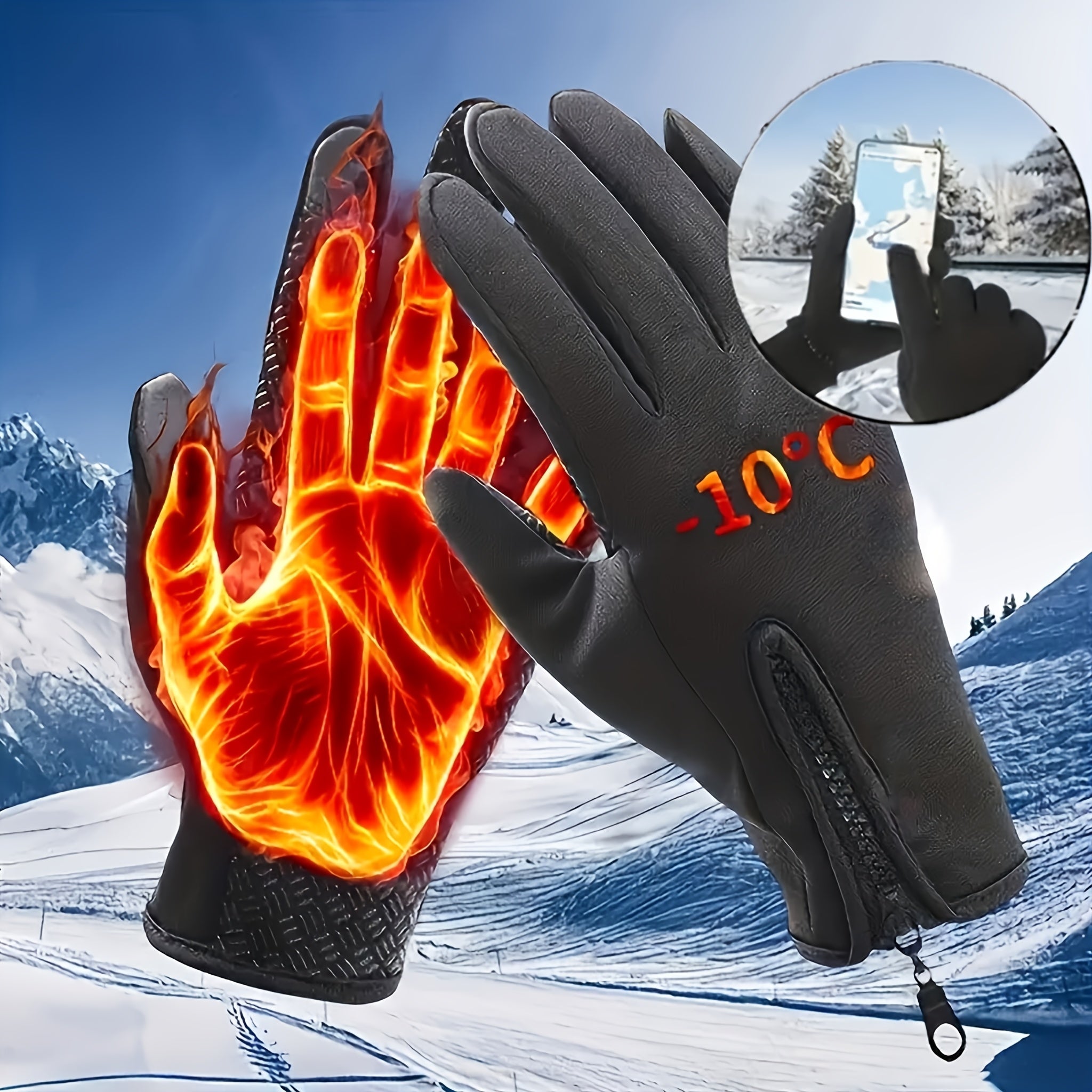 Winter Thermal Gloves Touchscreen Windproof – Fleece-Lined Zipper Closure, Soft Polyamide Knit for Hiking, Skiing & Outdoor Activities | Unisex Black | M–XL