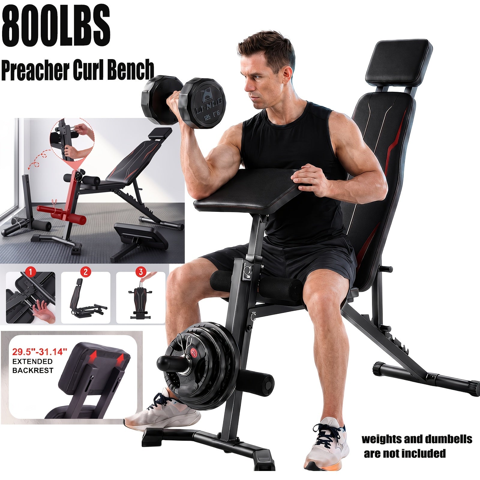 Weight Bench Set with Squat Rack – Adjustable Foldable Workout Bench Press, Leg Developer & Preacher Curl Pad for Home Gym Full Body Training | 800–1200 LBS Capacity | Black, Red, Pink
