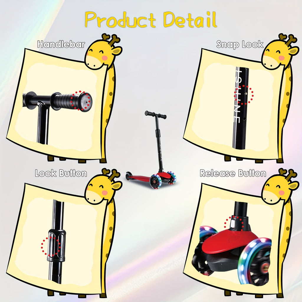 Kids 3-Wheel Scooter Ages 2-5 Adjustable Height Lean to Steer Light Up Wheels Front Brake Double Suspension Toddler Scooter Pink Blue Red Black