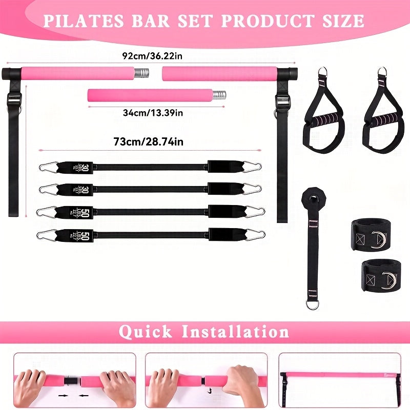 Pilates Stick with Resistance Bands 14pcs Set – Multifunctional Fitness Pedal Puller for Home Yoga, Stretch & Full Body Training, Pink, Black & Purple