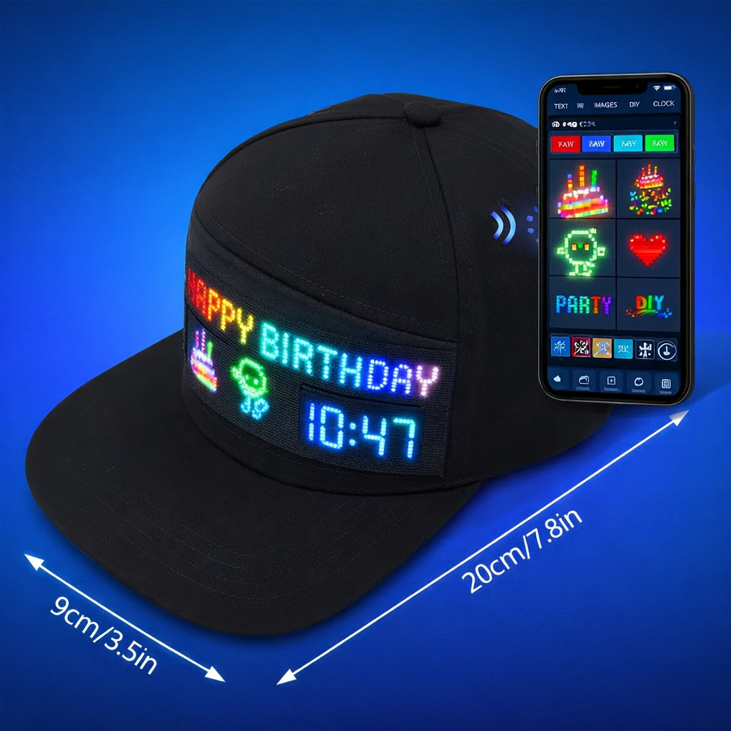 Programmable LED Light-Up Hat Bluetooth App Controlled Scrolling Text Baseball Cap Rechargeable USB Flashing Display for Parties Festivals Night Runs Teens Adults Gift