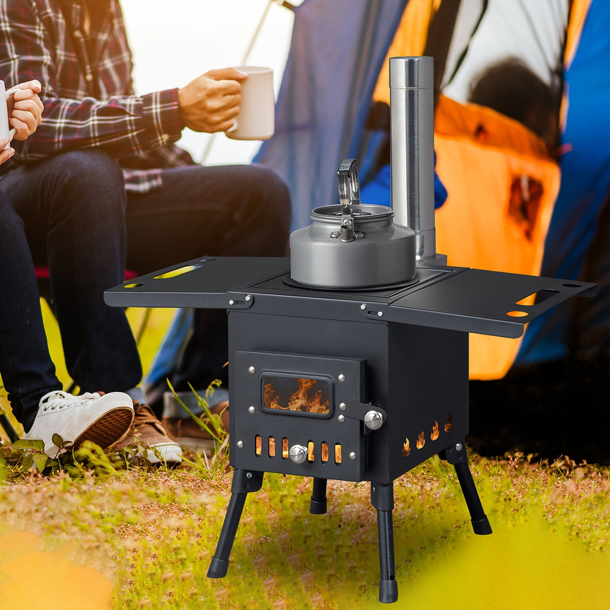 Wood Burning Camping Stove with Chimney Portable Foldable Carbon Steel Tent Stove for Camping Hunting Ice Fishing Backpacking Outdoor Heating Cooking