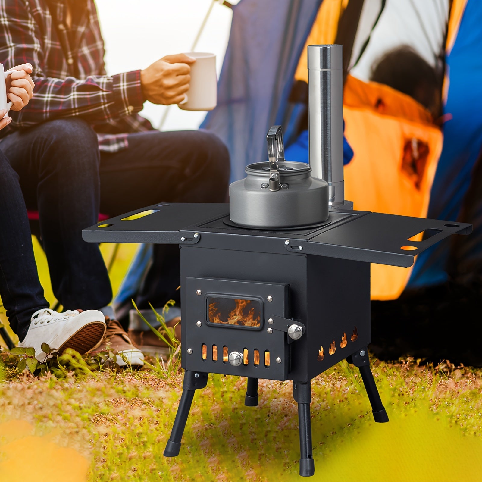 Wood Burning Camping Stove with Chimney Portable Foldable Carbon Steel Tent Stove for Camping Hunting Ice Fishing Backpacking Outdoor Heating Cooking