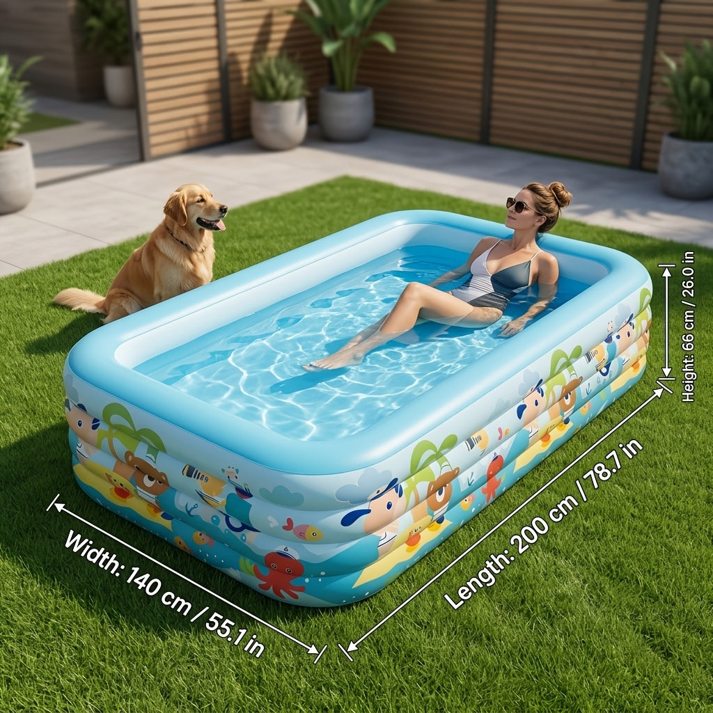 Extra Large Rectangular Inflatable Swimming Pool for Family, Thickened PVC Wear-Resistant Leak-Proof Backyard Pool for 1-6 People, Easy Setup Above Ground Pool for Garden Outdoor Summer Fun