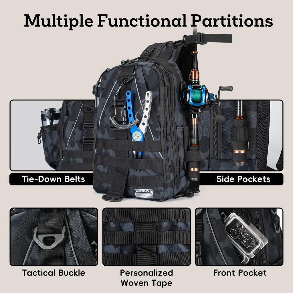 Tackle Sling Bag with Rod Holder for Men & Women – Fishing Backpack Daypack, Multi-Pocket Fly Fishing Bag, Camouflage Khaki Black, Standard & Large, Best Fishing Gift for Dad