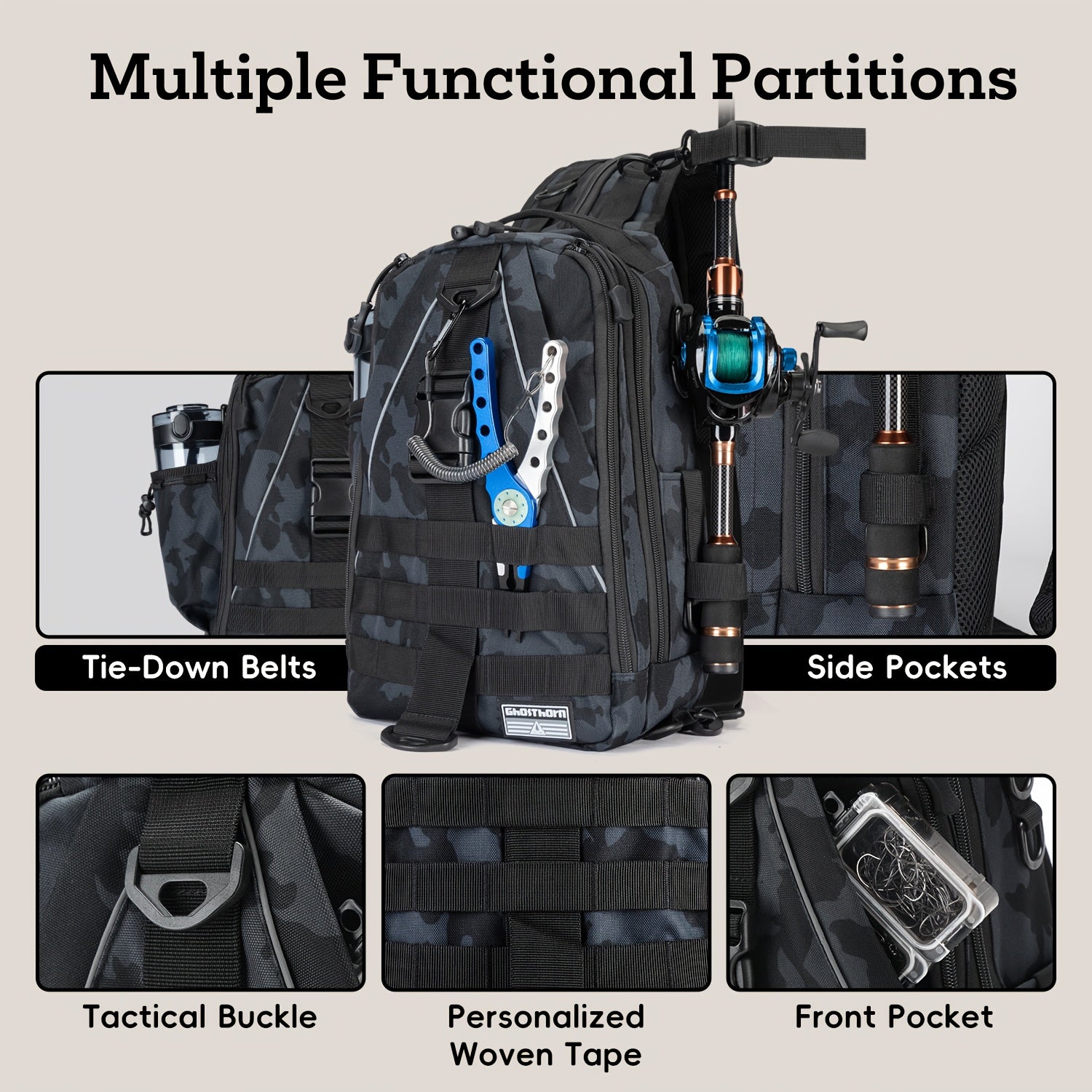 Tackle Sling Bag with Rod Holder for Men & Women – Fishing Backpack Daypack, Multi-Pocket Fly Fishing Bag, Camouflage Khaki Black, Standard & Large, Best Fishing Gift for Dad