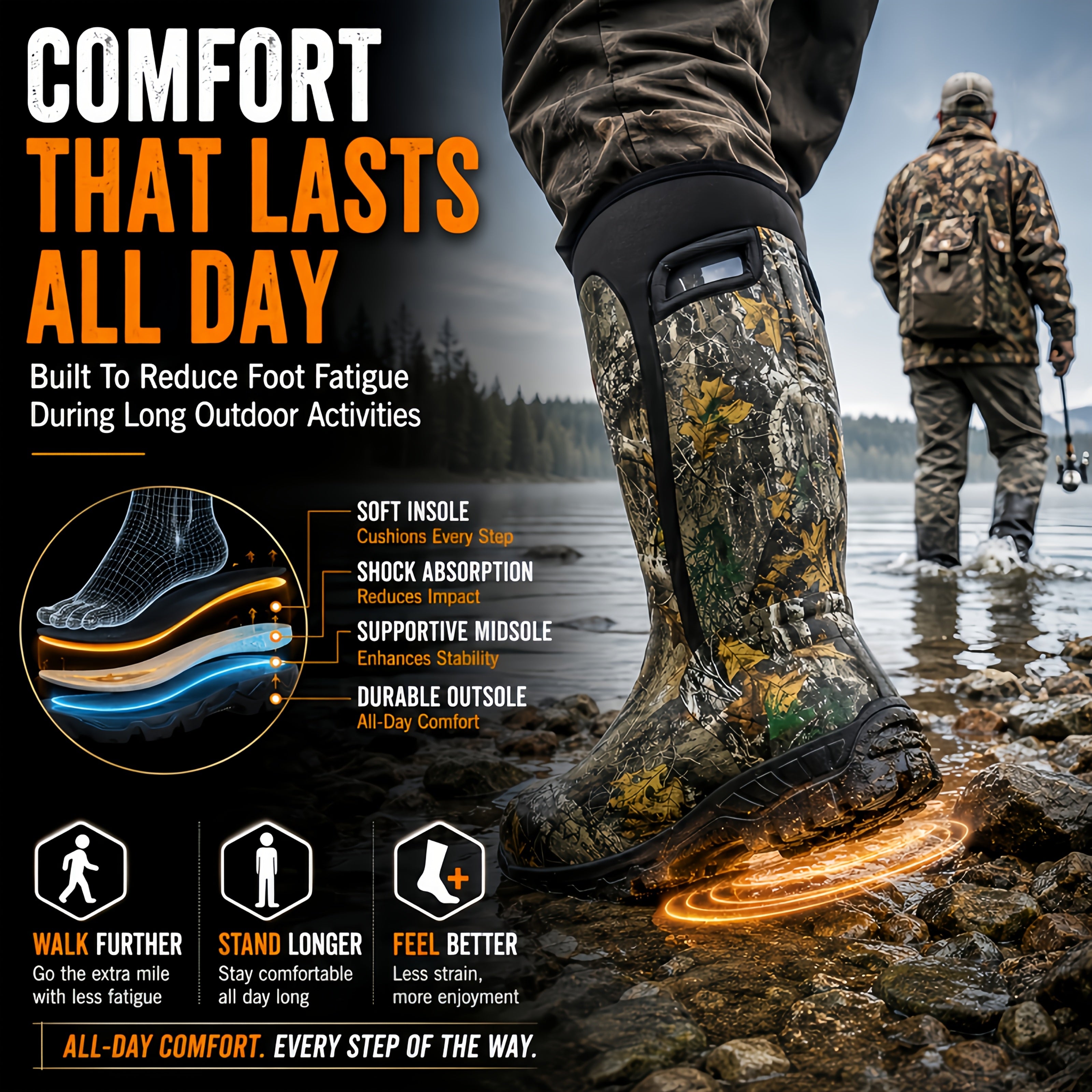 Men's 6mm Neoprene Insulated Hunting Boots – Waterproof Camouflage Rubber Boots with Non-Slip Sole, Slip-On Outdoor Boots for Duck Hunting Fishing Hiking Farming, Sizes US 8-14