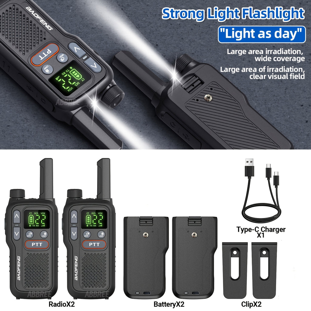 Long Range Walkie Talkies for Adults BF-T18 FRS Two Way Radio Rechargeable 1500mAh USB-C NOAA VOX LED Flashlight Hiking Camping