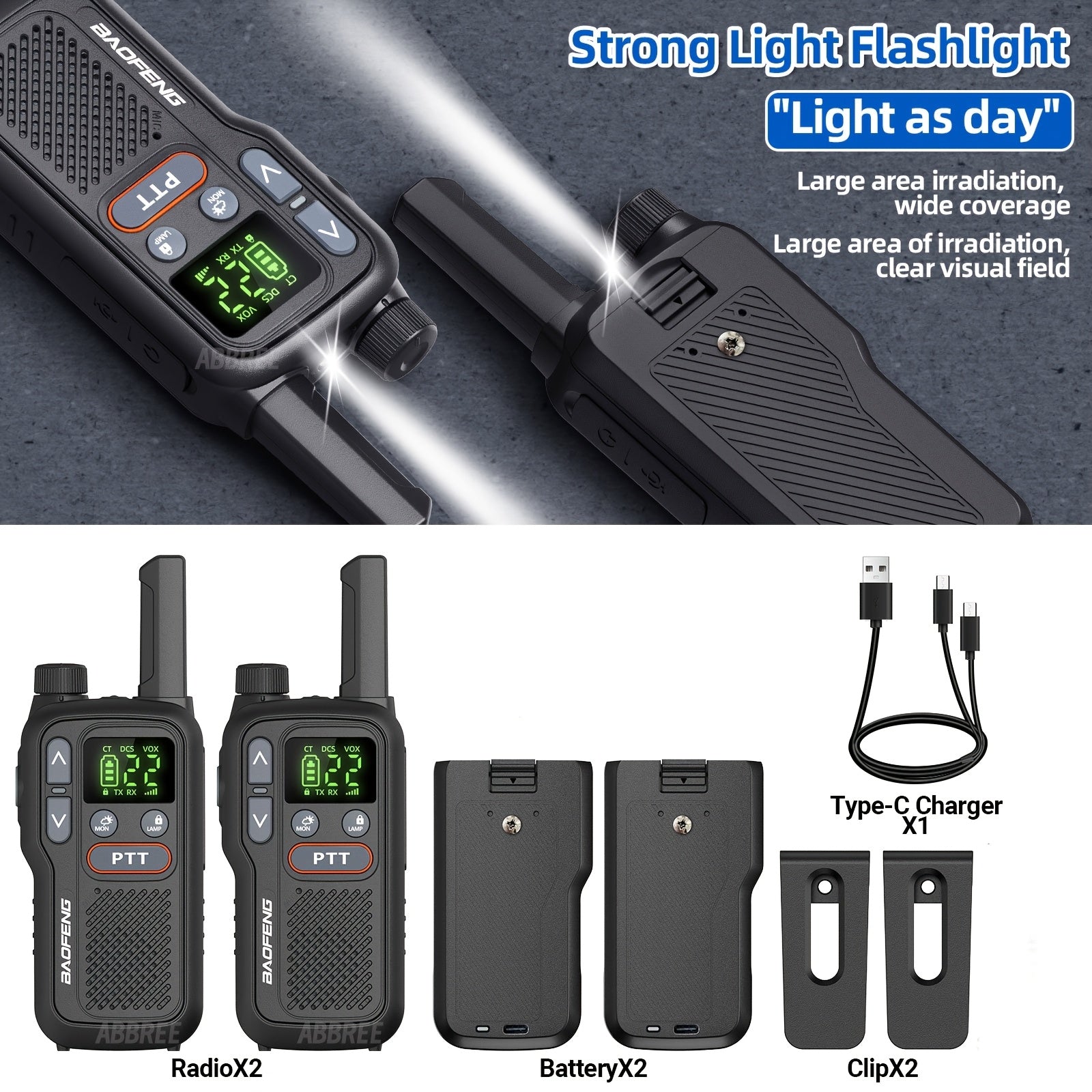 Long Range Walkie Talkies for Adults BF-T18 FRS Two Way Radio Rechargeable 1500mAh USB-C NOAA VOX LED Flashlight Hiking Camping