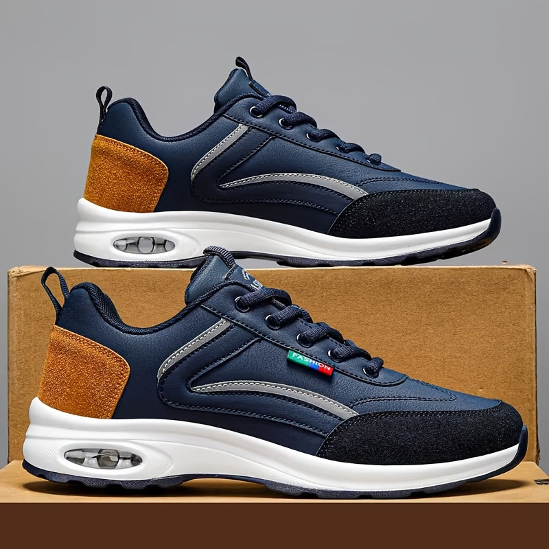 Men's Fashion Sneakers Lace-Up Non-Slip Soft Sole Casual Running Shoes PU Leather Comfortable Outdoor Athletic Footwear