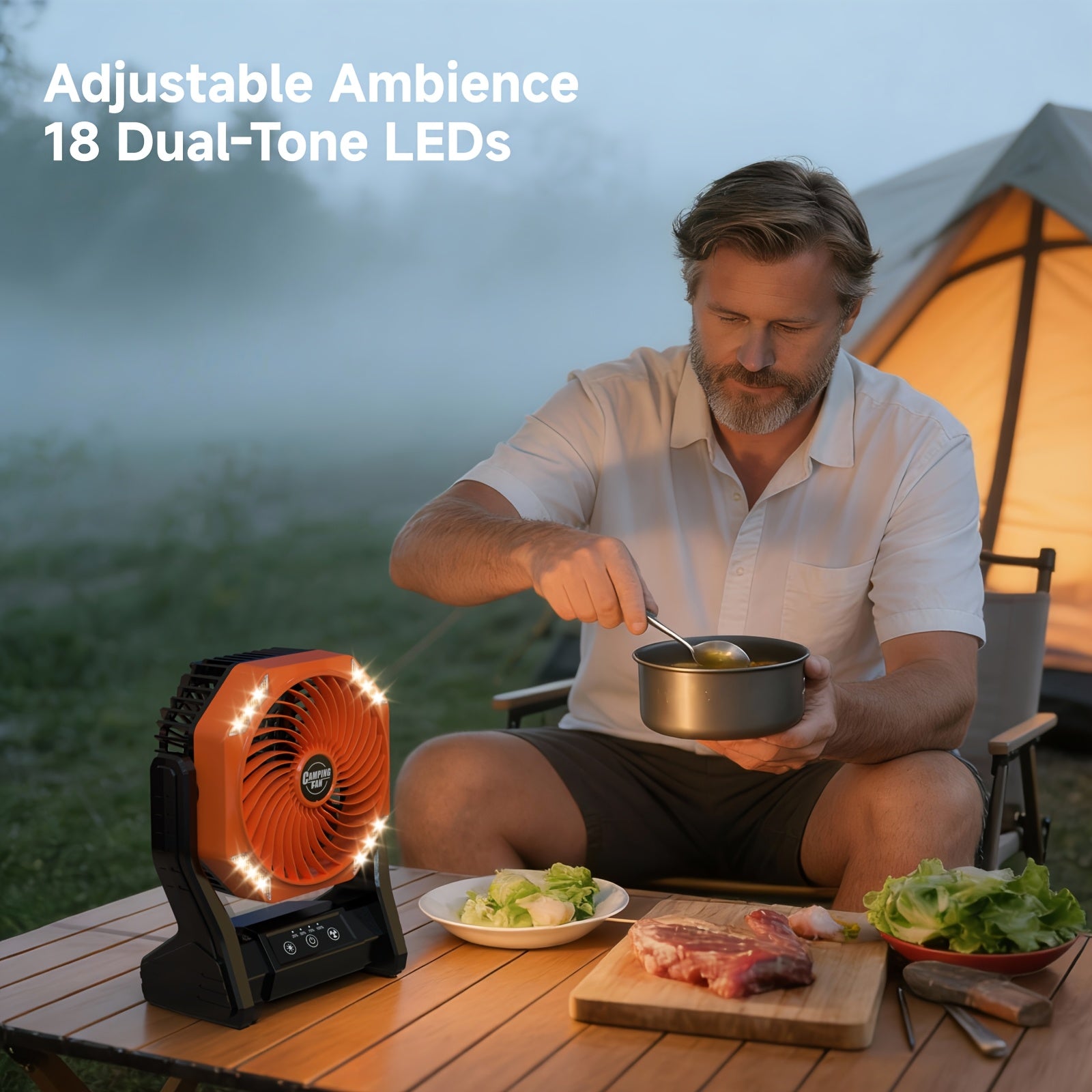 20000mAh Camping Fan with LED Light & Brushless Motor – Portable Outdoor Fan for Camping Hiking Picnic Emergency Use, 4 Speeds, 180° Oscillation, 22-26H Battery Life