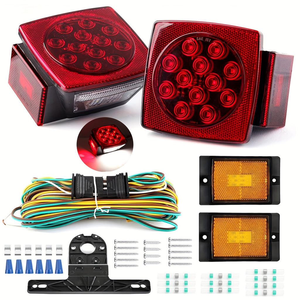 LED Trailer Light Kit 12V Submersible for Boat RV Utility Trailer Under 80 Inch, Complete Trailer Lights with Wire Harness, Amber Side Marker Lights, License Plate Bracket, Corrosion Resistant