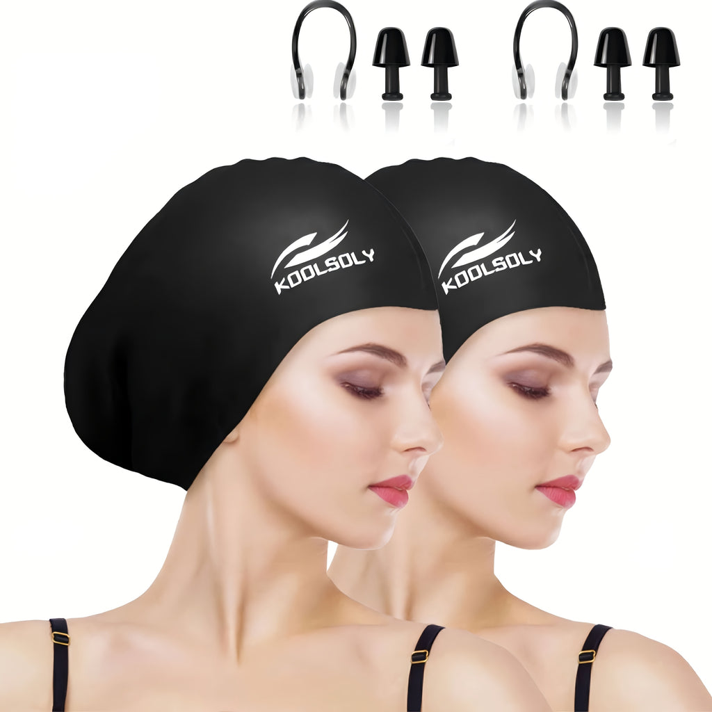 Silicone Swimming Cap 2-Pack with Ear Protection for Long Hair – Includes Earplugs & Nose Clip – Waterproof Swim Cap Set for Women Men Adults Pool Beach Lap Swimming Multiple Color Combos