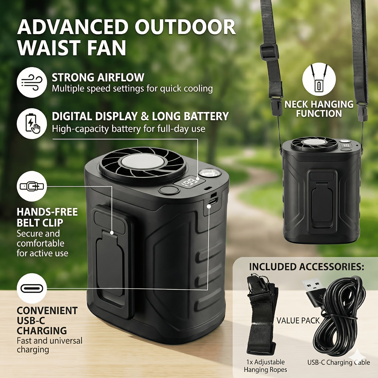 Portable Neck Fan Waist Fan 18000RPM Brushless Motor 199 Speed Settings 5000mAh Battery LED Power Display Outdoor Camping Fishing Hiking Work