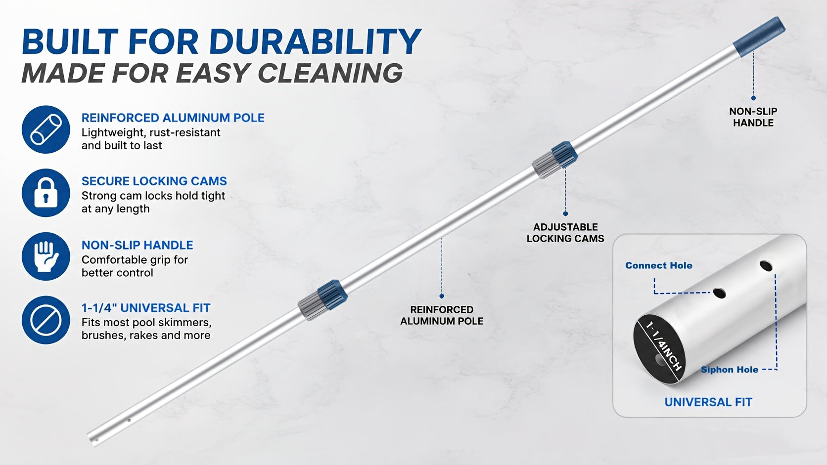 16ft Telescopic Pool Pole Heavy Duty Aluminum – Double Lock Adjustable Non-Slip Grip for Pool Cleaning Skimming Vacuuming Brushing Above Ground In-Ground Pools