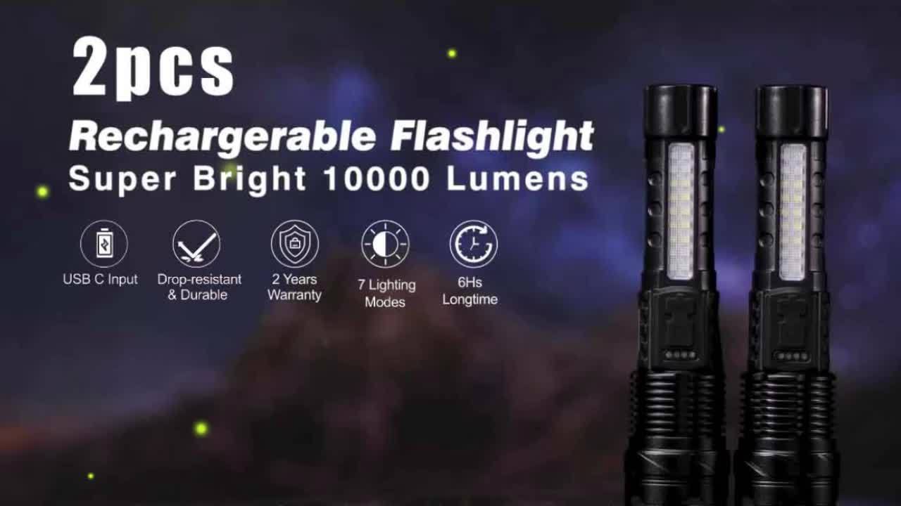 LED COB Rechargeable Flashlight Ultra Bright Zoomable Floodlight USB Rechargeable 1500mAh Battery Multi-Mode Torch for Camping Fishing Hunting Emergency Outdoor Use