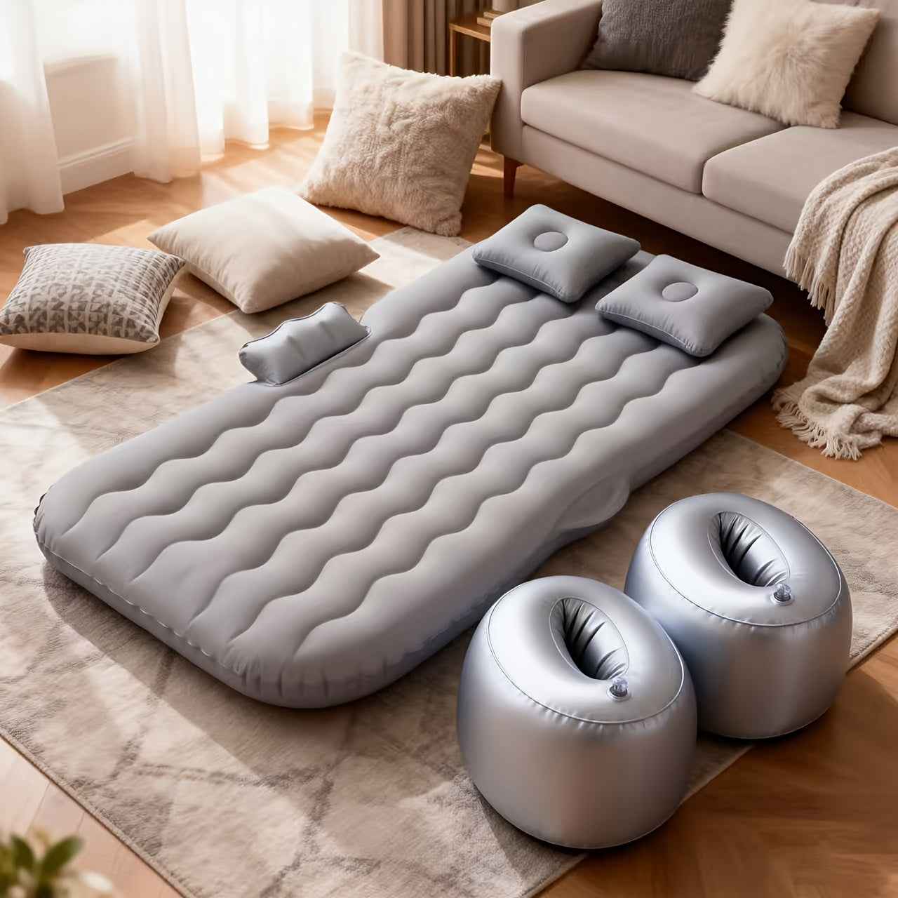 Inflatable Car Mattress Portable Backseat Sleeping Bed PVC Travel Cushion for SUV Truck Camping Picnic Road Trip Outdoor Rest Blue Black Beige Gray