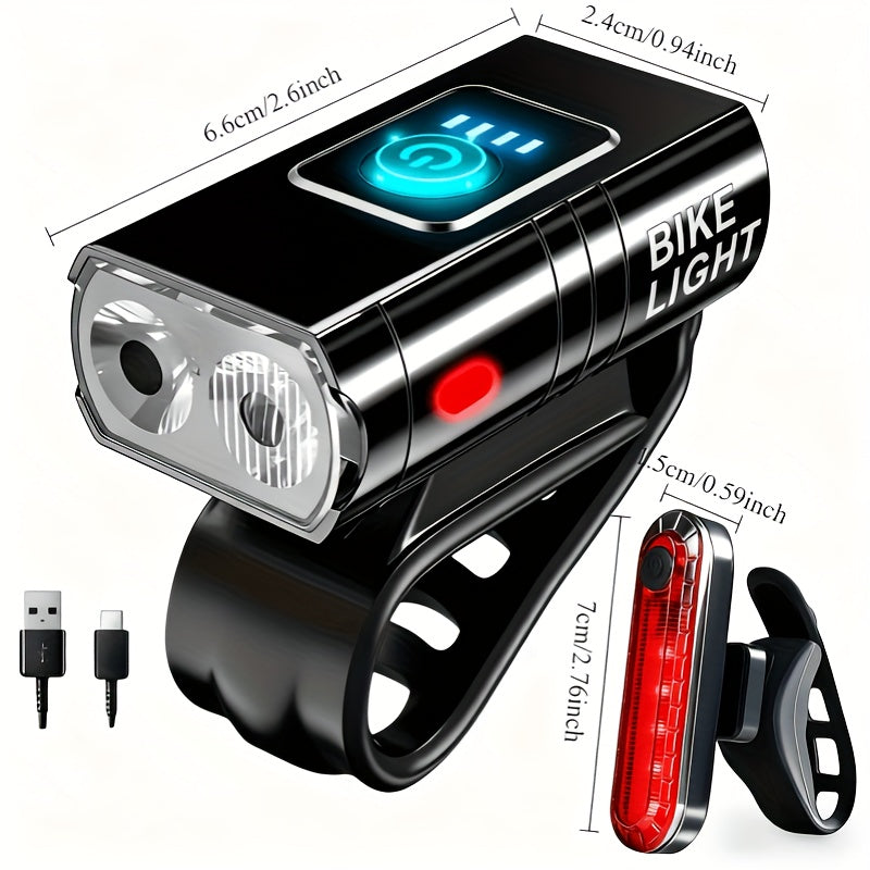 USB Rechargeable Bike Light Set Ultra-Bright Front and Rear – Type-C Fast Charge Aluminum Alloy Bicycle Lights 6 Front Modes 4 Rear Modes for Night Riding Commuting Camping Safety