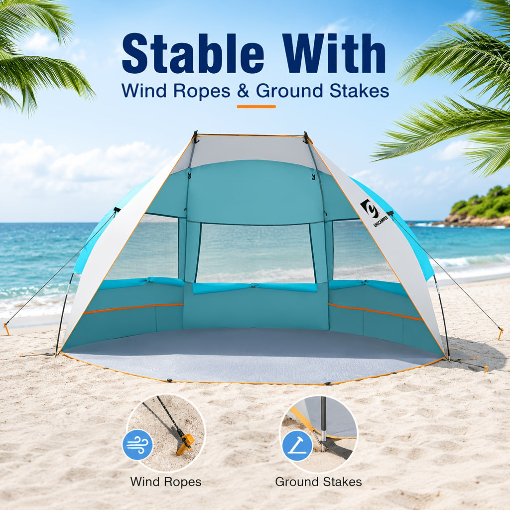 Beach Tent 3 Person UPF 50+ Sun Shelter with Waterproof PE Floor & Mesh Windows – Portable Pop Up Shade Canopy for Camping Fishing Yard