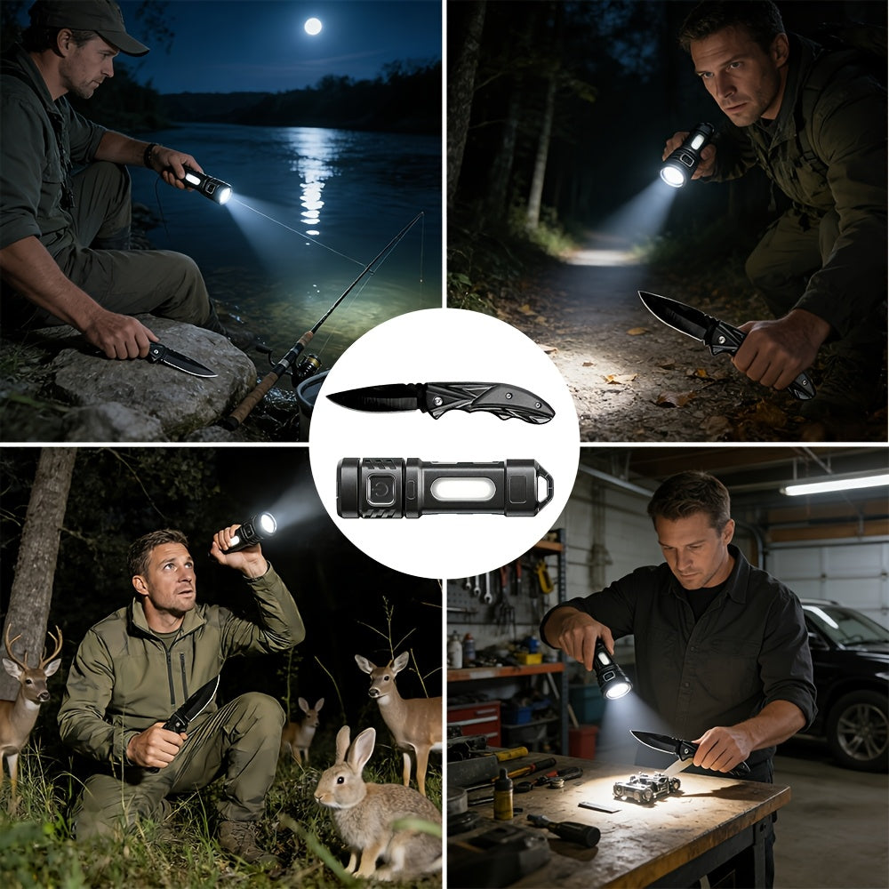 1000 Lumen Tactical Flashlight & Pocket Knife 2-Piece Survival Set – USB Rechargeable 250M Beam 4-Mode Aluminum Flashlight + Clip Knife for Camping Hiking Fishing Emergency EDC