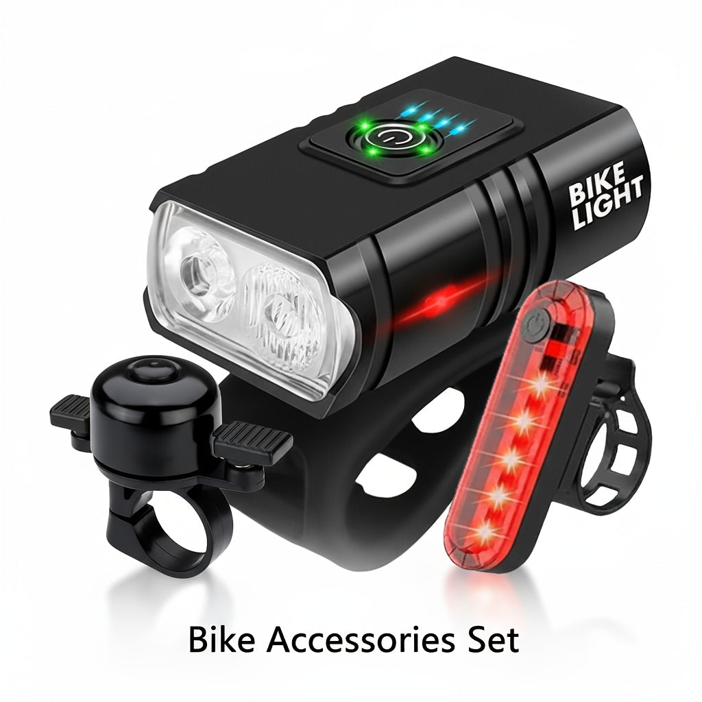 Bicycle Light Set USB Rechargeable – LED Headlight 6 Modes 180° + Taillight + Bell for Night Road Mountain Cycling Safety