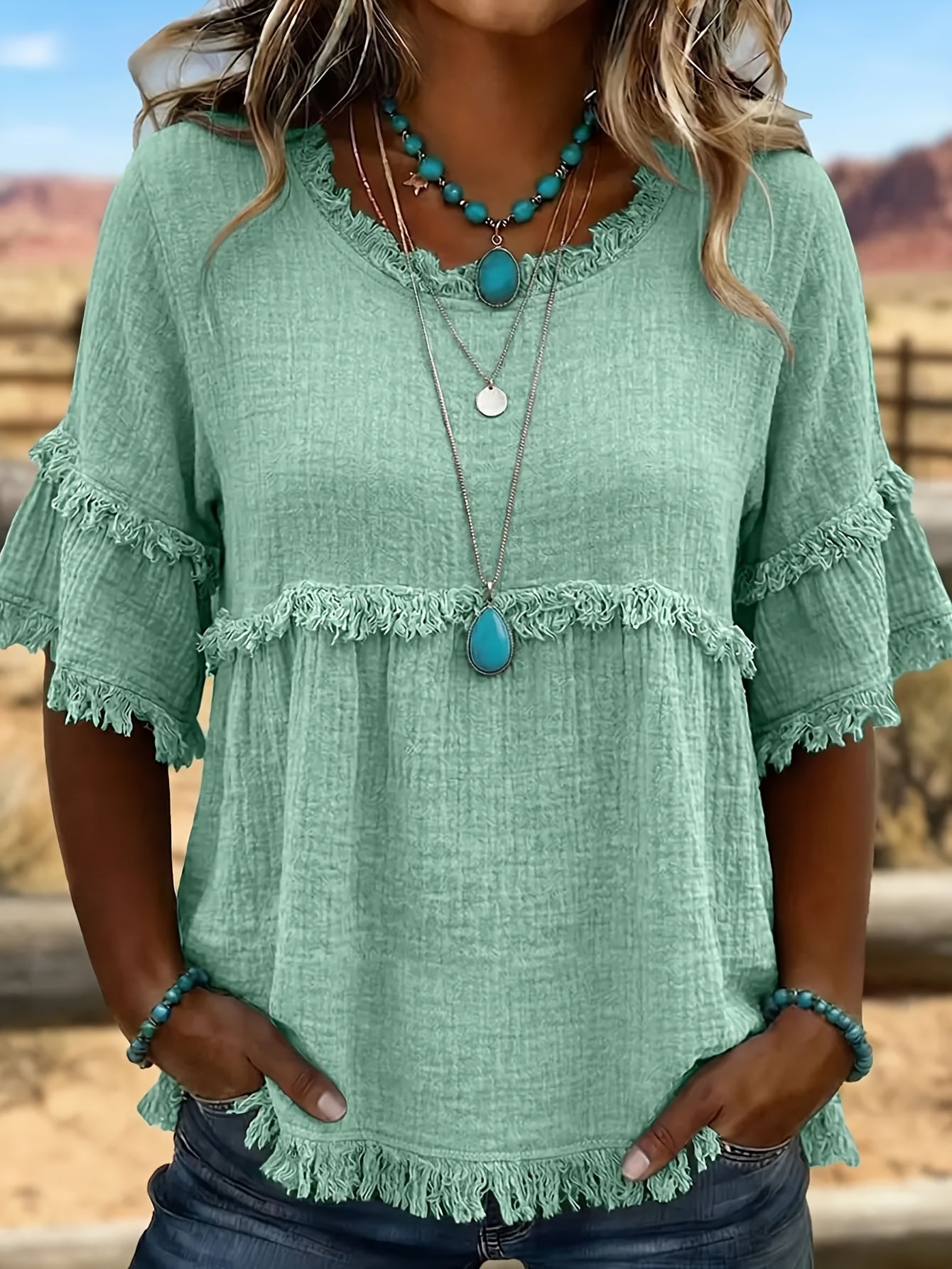 Women's Fringed Trim Short Sleeve Casual Blouse – Soft Knit Crew Neck Top for Summer, Beach & Everyday Wear | Royal Blue, Aquamarine, Sky Blue, Grey, Green (S-XXL)