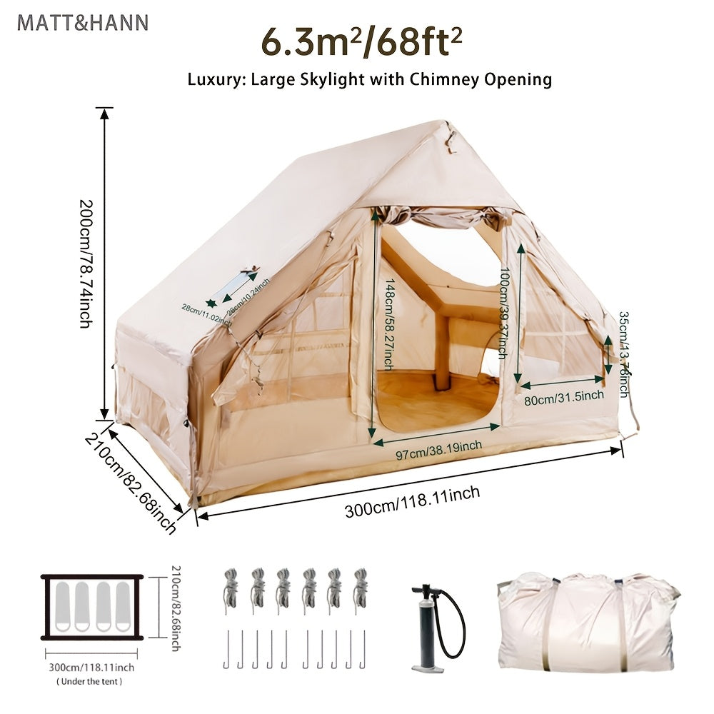 Inflatable Glamping Tent for 4-6 Person – 4-Season Large Luxury Air Tent with Optional Skylight & Stove Jack, Manual Pump Included, Windproof Family Camping Shelter (6.3-12 sqm)