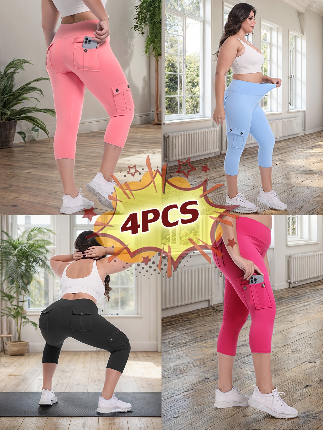 Women's Yoga Capri Pants with Pockets High Waist Butt Lifting Tummy Control – 4-Way Stretch 7/8 Workout Leggings for Running Gym Hiking Pilates 75% Polyester 25% Elastane S M L XL XXL Multi-Color