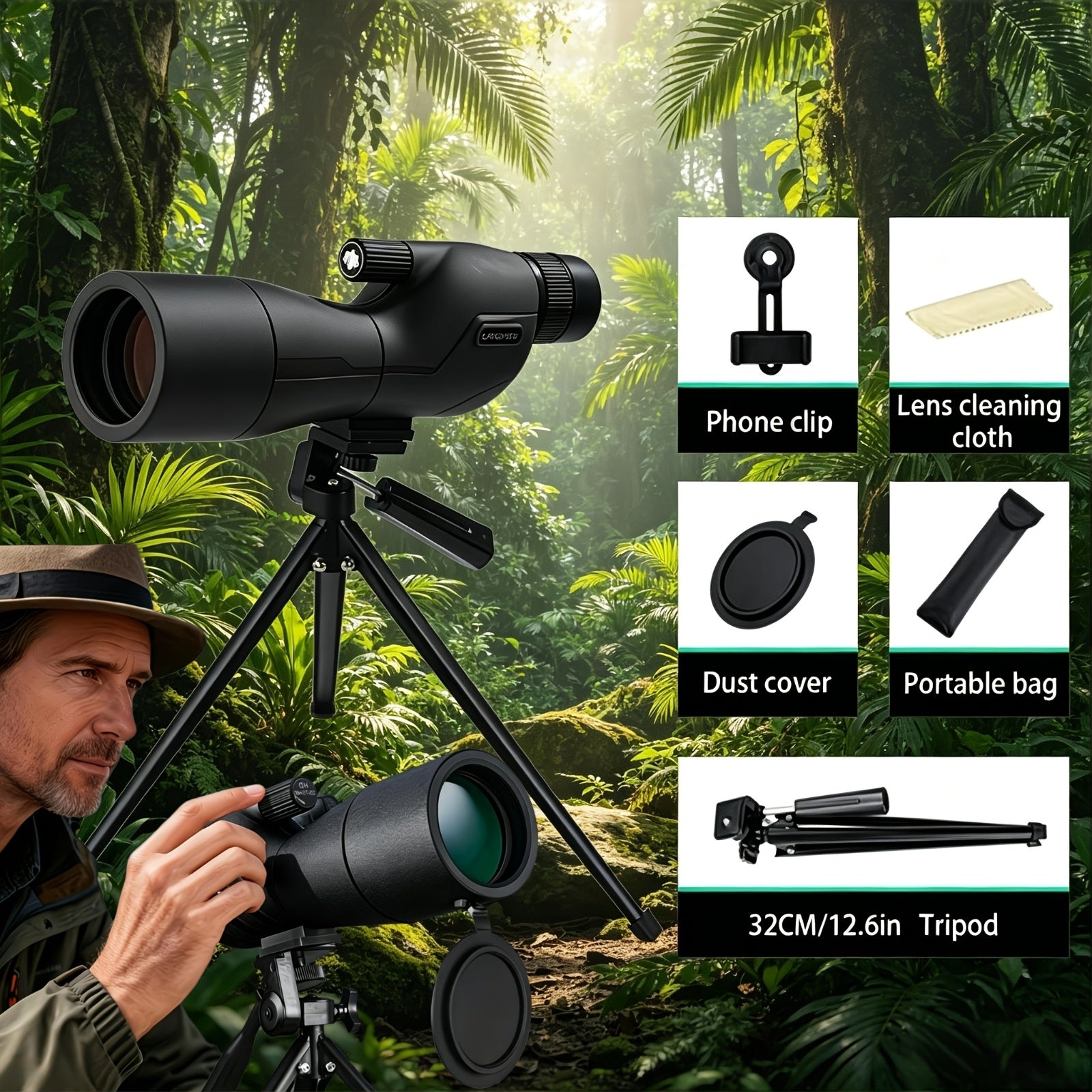 POKEPIC Hd25-75X60 1-Pack Portable Spotting Scope with Tripod And Phone Adapter, High Magnification Angled Eyepiece Monocular Telescope for Shooting, Bird Watching Wildlife Viewing, Compact Binoculars for Outdoor Travel, Camping
