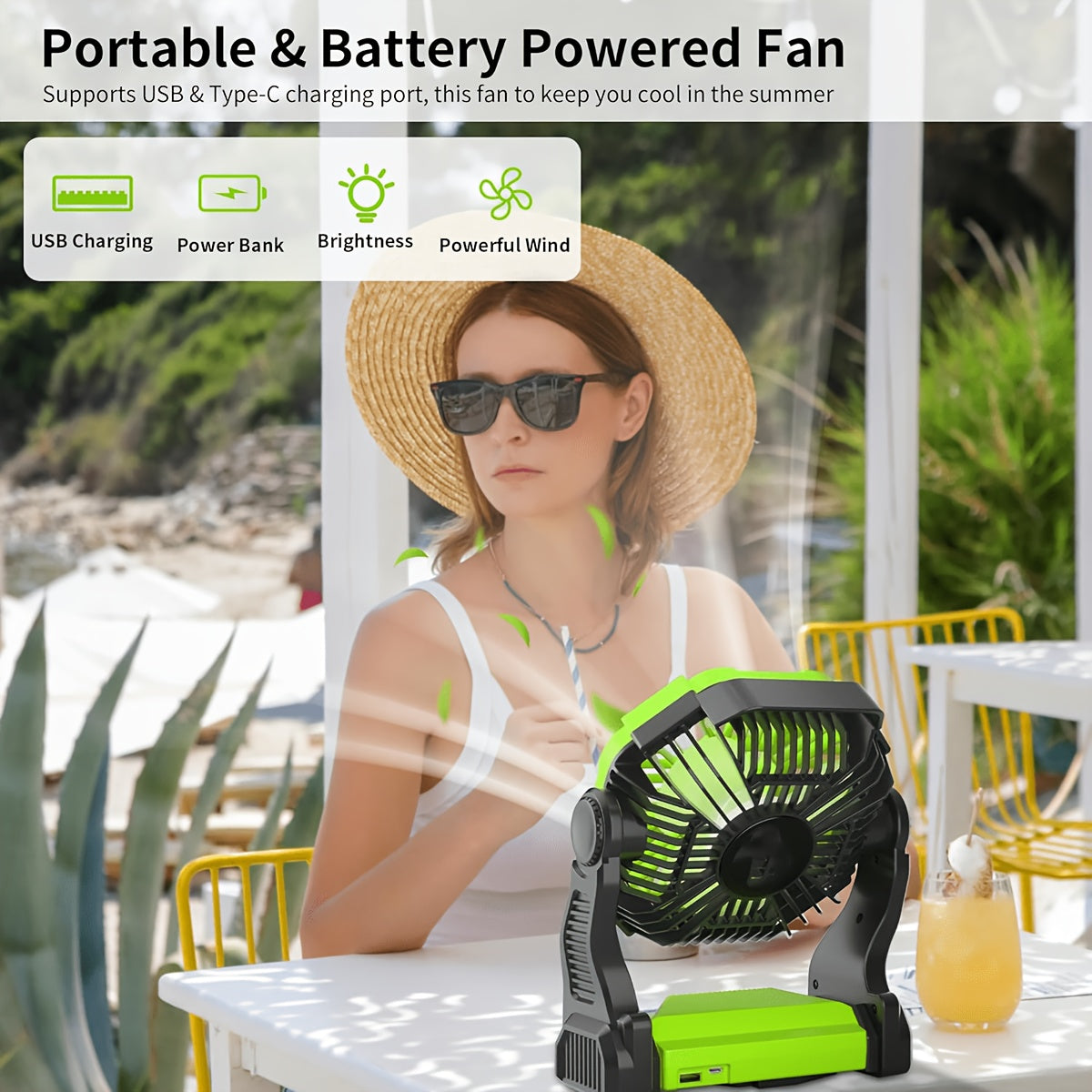 3-in-1 Portable Camping Fan with LED Light & Phone Charger - Rechargeable Battery Tent Fan with Hooks - Desktop Cooling Fan for Camping Patio Travel Sports Events Power Outages