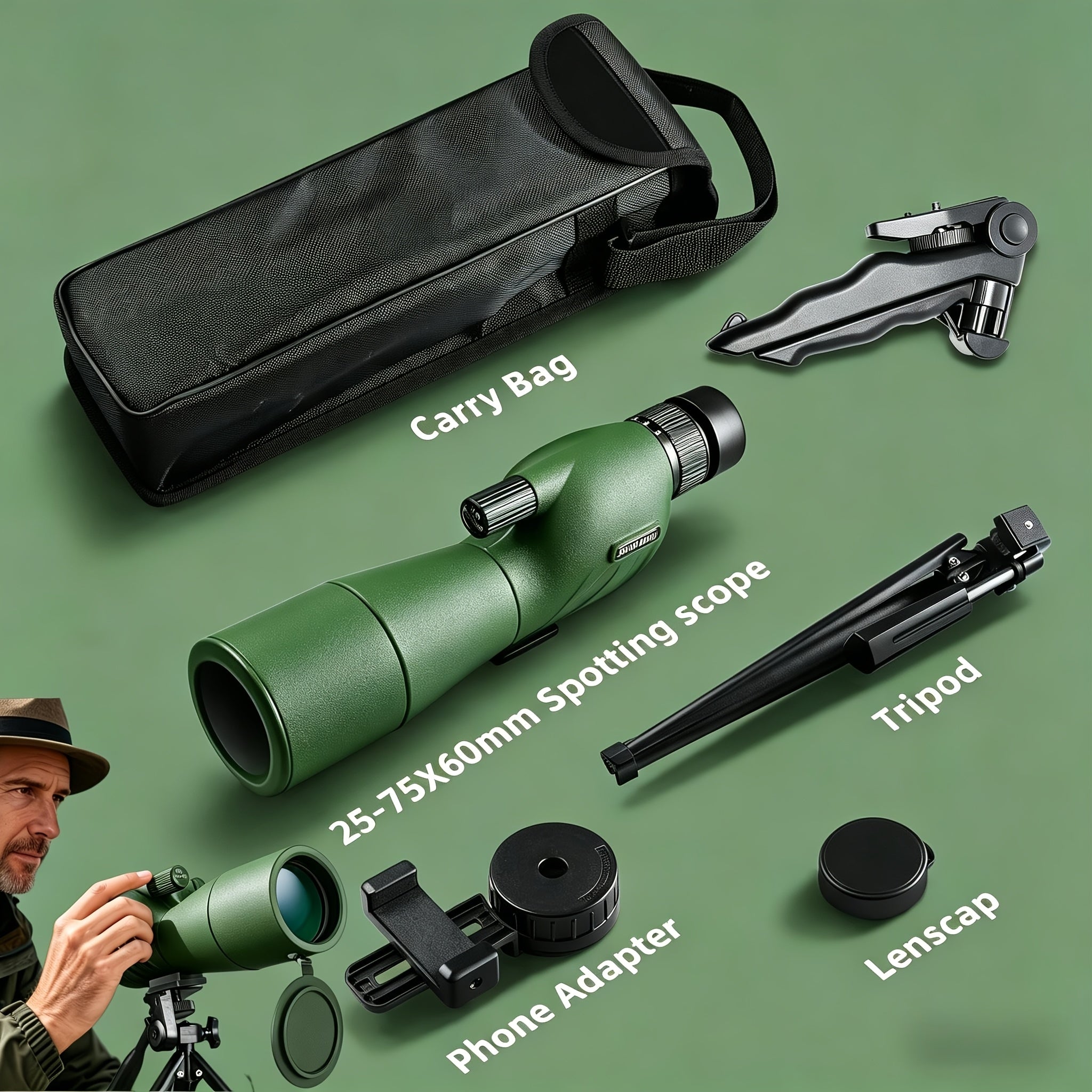 POKEPIC Hd25-75X60 1-Pack Portable Spotting Scope with Tripod And Phone Adapter, High Magnification Angled Eyepiece Monocular Telescope for Shooting, Bird Watching Wildlife Viewing, Compact Binoculars for Outdoor Travel, Camping