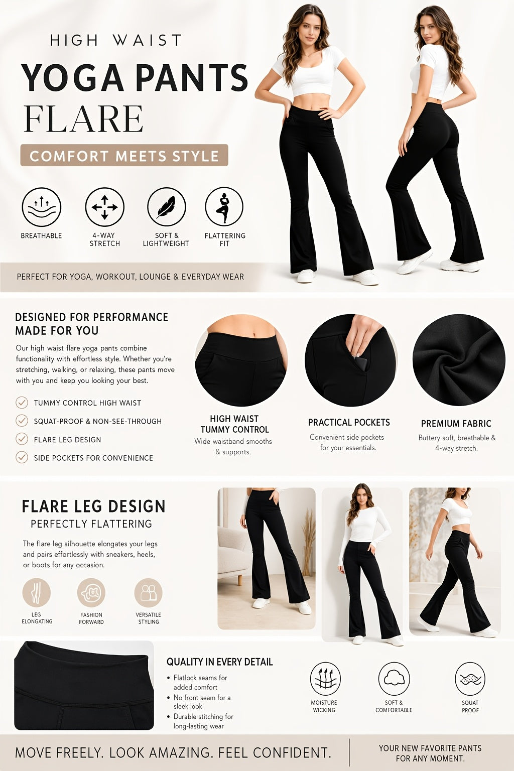 Women's Flare Yoga Pants with Pockets – High Waist Butt Lift Tummy Control Bell Bottom Leggings, Quick-Dry Breathable Sports Pants for Gym Yoga Lounge & Commute, Sizes S-XXL