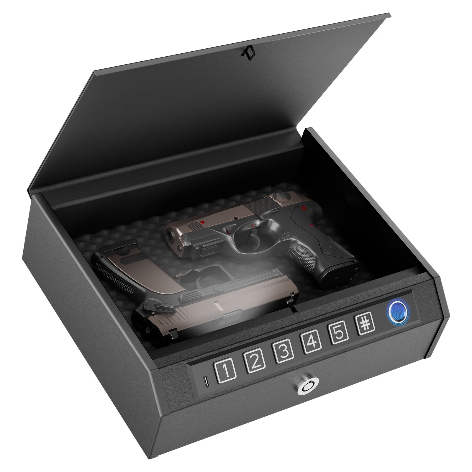 Biometric Gun Safe 3-Way Unlock – Fingerprint Digital PIN & Key Pistol Lock Box with Internal Light Silent Mode Emergency Power for Home Bedroom Nightstand Car